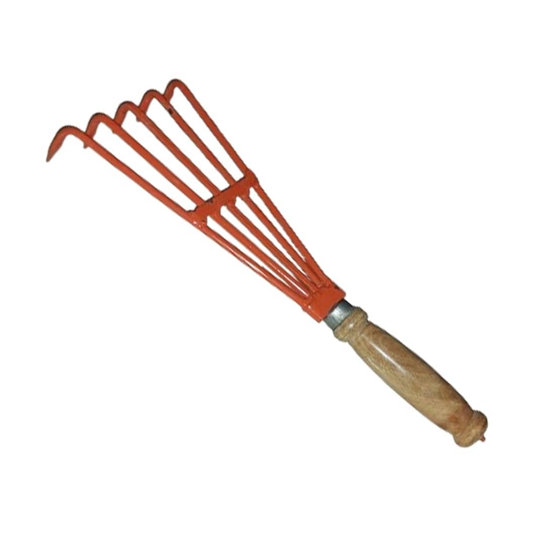 a red rake with a wooden handle