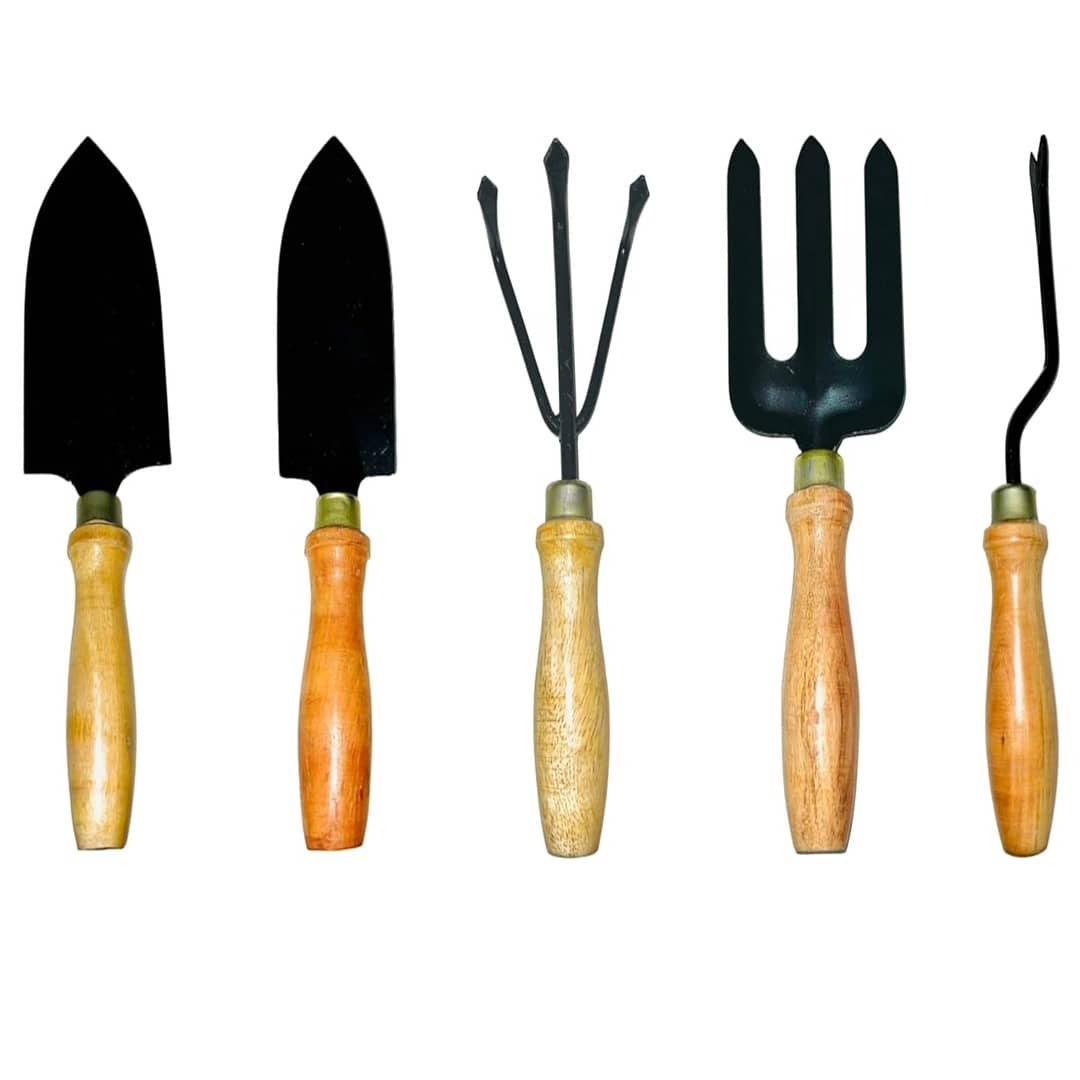 a row of gardening tools